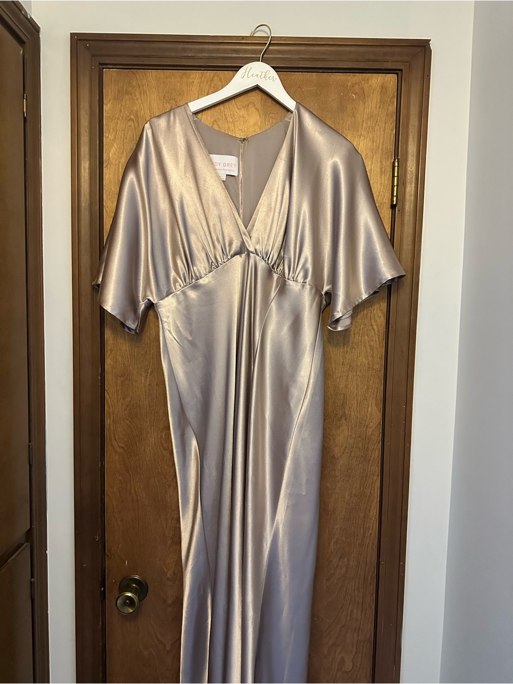 Birdy Grey Shimmer Satin V-Neck Gown in Taupe/Champagne
